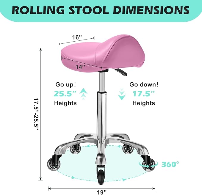 Saddle Stool with wheels Ergonomic - Heavy Duty 400lbs, Upgraded Thick Saddle Cushion, Healthy Posture Correction, Swivel Adjustable Rolling Saddle Stool, Saddle Chair for Salon Massage Home (Pink)