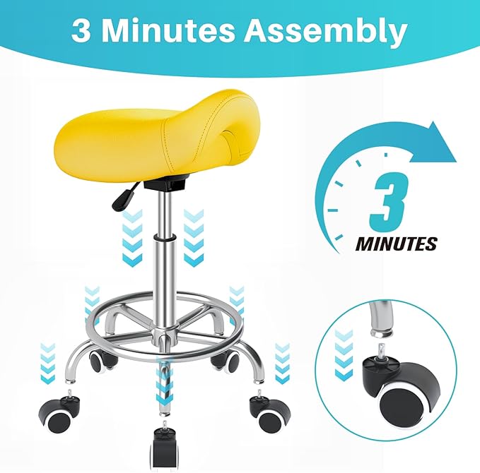 YEEZEE Saddle Stool Ergonomic- Comfortable Rolling Saddle Stool with Wide Thick Saddle Seat Padding, Swivel Adjustable Saddle Chair with Wheels and Ring Pedal for Medical Massage Salon (Yellow)