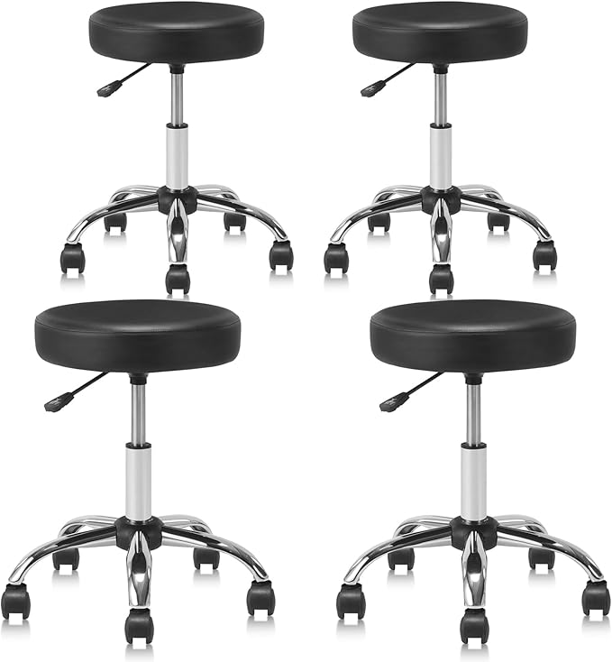 Round Rolling Stool with Wheels Adjustable Height Swivel Multi-Purpose Heavy Duty Wide Seat Drafting Stool for Office Laboratory Salon Massage Spa Medical Doctor Clinic Tattoo Beauty, 4 Pack