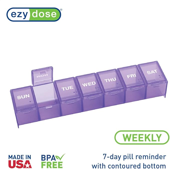 EZY DOSE Weekly (7-Day) Daily Pill Case, Medicine Planner, Vitamin Organizer, Supplement Container, Convenient and Easy to Use, Large Compartments, Travel Friendly, Purple, Made in the USA, BPA Free
