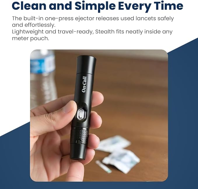 Stealth Adjustable Lancing Device for Blood Glucose Testing by On Call, 11 Depth Settings to Minimize Pain, Pen for Diabetes Monitoring
