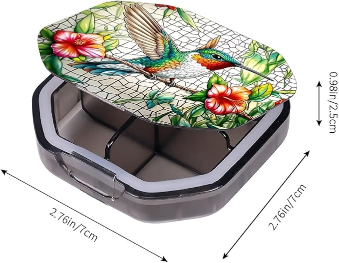 This Portable Flower Hummingbird Pattern 4 Compartment Pill Box Can Be Placed in A Pocket Or Wallet to Store Vitamins, Medicines Health Supplements Other Medications.