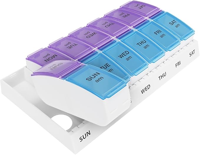 Ezy Dose 7-Day AM/PM and Weekly Pill Organizers with Push Buttons, Rounded Bottoms, Translucent Lids, Blue and Purple
