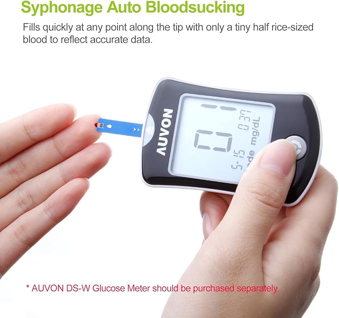 AUVON DS-W Draw-in Blood Glucose Test Strips for use with AUVON DS-W Diabetes Sugar Testing Meter (No Coding Required, 100 Count)