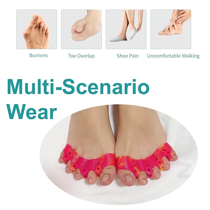 Weiuah 4-Pack Toe Separators & Toe Spacers -Bunion Corrector, Overlapping Toes corrector, Hammer Toe, Relieves Foot Pain, Restores Natural Toe Alignment Unisex,Regular Size (Yellow & Red)