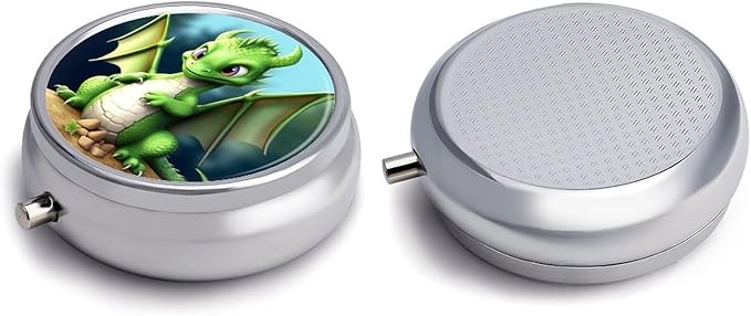 Dragon Cute Pill Box Travel Pill Case for Purse Pocket Weekly Medicine Organizer with Mirror 3 Compartment Round Medicine Case Portable PillcaseHolder for Daily