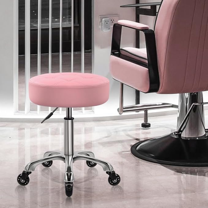 Heavy Duty Rolling Stool with Wheels Hydraulic Swivel Adjustable Rolling Stool Ergonomic Thick Leather Round Seat Stool Chair for Kitchen Drafting Lab Office Salon Message Stool – Pink