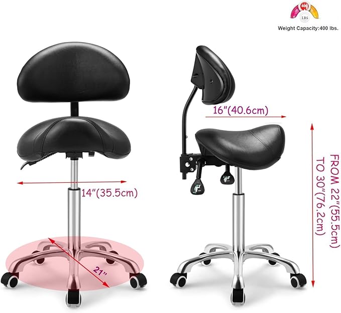 Kaleurrier Saddle Stool Rolling Swivel Height Adjustable with Wheels,Heavy Duty Anti-Fatigue Ergonomic Saddle Chair for Hair Beauty Salon Lab Dental Massage Office Home Kitchen(with Back, Black)