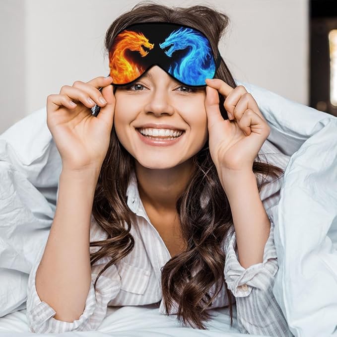 Fiery Dragons Sleep Eye Mask Eye Cover Blue Red Dragon Abstract Art Dragons Silk Eye Mask for Sleeping with Adjustable Strap for Travel Nap Shift Work Office