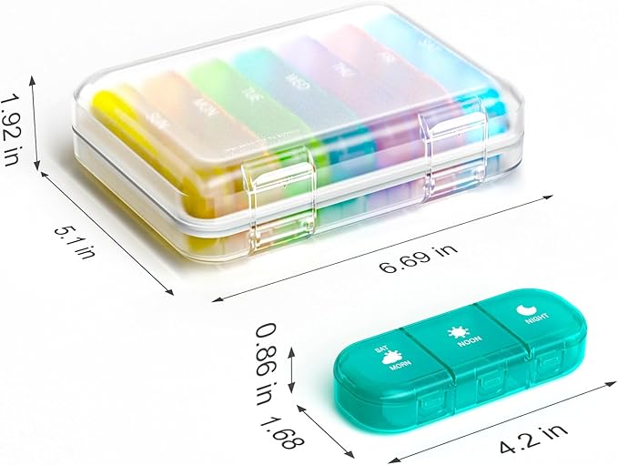 Weekly Pill Organizer 3 Times a Day, 7 Day Portable Pill Box for Pills, Vitamins, Fish Oil, Medication, Supplements (3x7 Transparent + Rainbow)