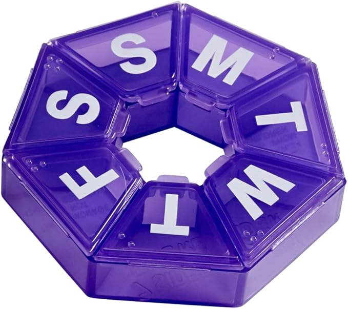 EZY DOSE Weekly Pill Organizer, Medicine Box, and Vitamin Planner, Travel Pill Planner, Portable Storage, 7-Sided, Purple, BPA Free