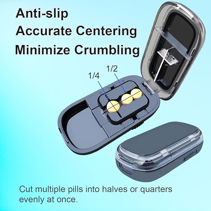 Pill Cutter for Cutting Multiple Pills, 1/2 1/4 Tablet Splitter for Large, Small and Tiny Pills, with Centering Device, Improved Sharp Blade, Storage Organizer (Black)