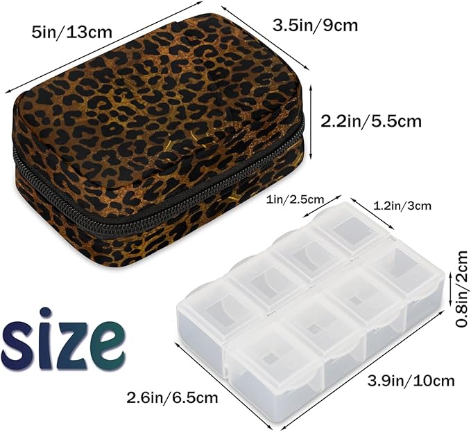 Gold Leopard Cheetah Skin Travel Pill Organizer Box Weekly Portable Pill Case Daily Pills 7 Day Small Birth Control Pills Container Removable Compartments for Medicine Vitamins Fish Oil