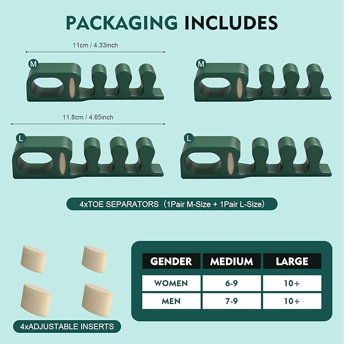 Adjustable Toe Separators - 2 Pairs Soft Gel Spacers to Correct Toes for Women and Men, Toe Straightener for Bunion Corrector, Foot Pain, Plantar Fasciitis, 50% Thicker, S/M/L Sizes