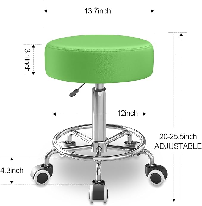 Rolling Stool, Heavy Weight Capacity 250lb, PU Leather Rolling stools, Ultra Soft Padded Seat, Rolling Stools with Wheels and Footrest, 360° Swivel, Spa Drawing Salon Work Office Tattoo Stool (Green)