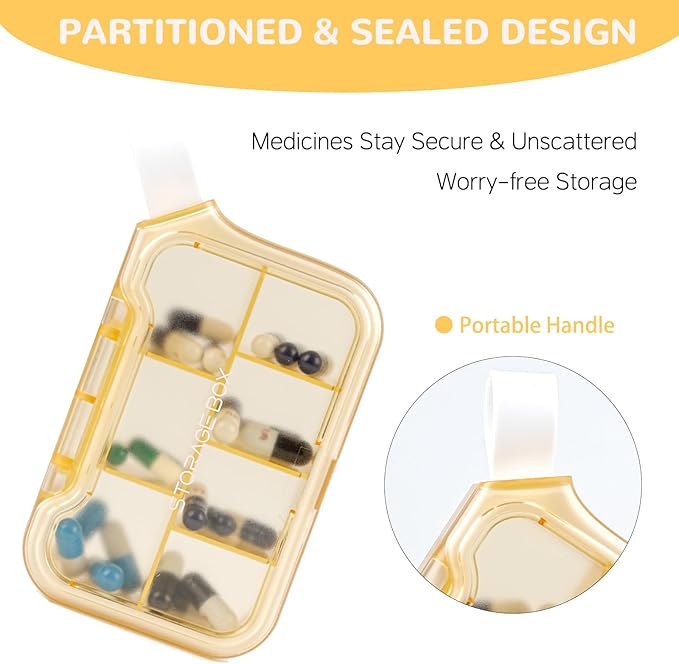 New Weekly Pill Organizer, Moisture-Proof Storage Case, Daily Travel Pill Storage Container, Travel Pill Box – Suitable for Vitamins, Dietary Supplements & Fish Oil (Yellow)
