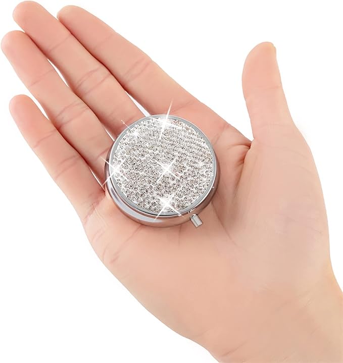 Bling Pill Box, 3 Compartment Medicine Pill Case Holder, Bling Crystal Rhinestones Waterproof Pocket Pill Case ound Medicine Organizer for Vitamin/Fish Oils/Supplement. (Silver)