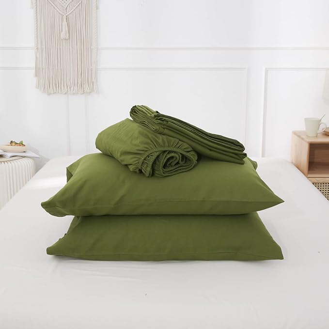 Simple&Opulence Belgian Linen Sheet Set Solid Color - 4 Pieces (1 Flat Sheet, 1 Fitted Sheet & 2 Pillowcases) Natural Flax Cotton Blend Soft Breathable Farmhouse Bedding - Queen Size, Forest