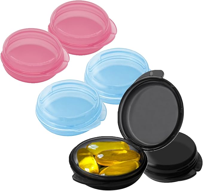 Pill Organizer for Pocket, Mini Pill Box for Pocket Purse, Portable Travel Pill Container, Small Secure Storage for Supplements & Daily Care (Black-Pink-Blue 6 PCS)