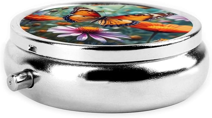 Flower and Butterfly Printed Pill Organizer,Round Travel Pill Organizer Mini Medicine Pill Box for Purse Iron Plating