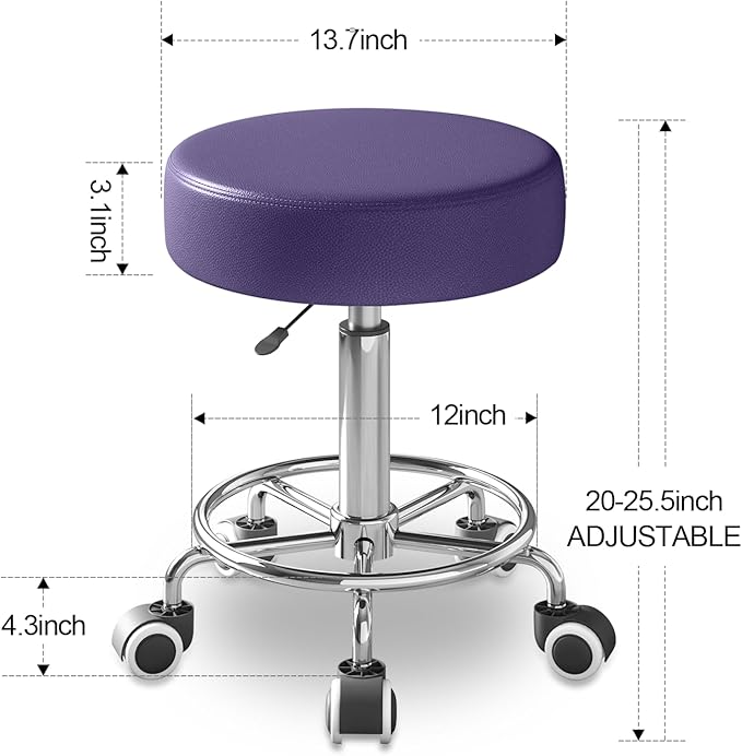 Rolling Stool, Heavy Weight Capacity 250lb, PU Leather Rolling stools, Ultra Soft Padded Seat, Rolling Stools with Wheels and Footrest, 360° Swivel, Spa Drawing Salon Work Office Tattoo Stool (Purple)