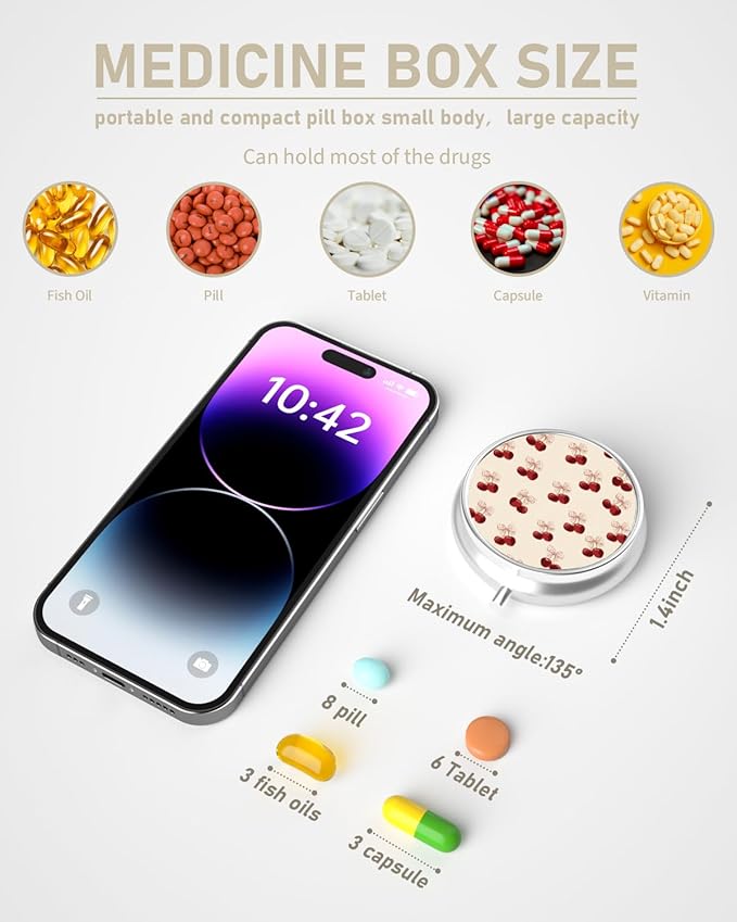 Pill Box, 3 Compartment Portable Travel Medicine Box with Mirror, Compact and Cute, Fits in Purse and Pocket, Medicine and Vitamin Organizer (Cherry)