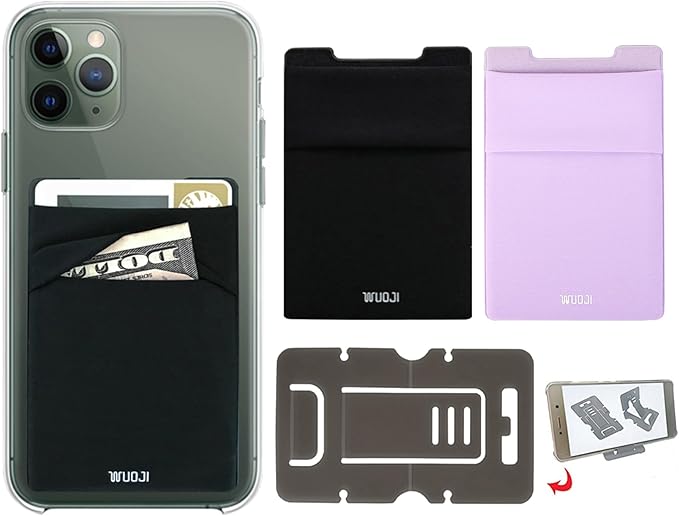 Adhesive Phone Pocket,Cell Phone Stick On Card Wallet Sleeve,Credit Cards/ID Card Holder(Double Secure) with Sticker for Back of iPhone,Android and All Smartphones(Black Purple)-2PC