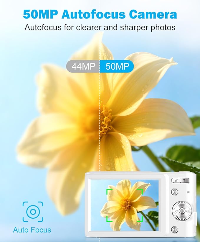 50MP 4K Digital Camera for Photography, Autofocus Vlogging Camera with 32GB TF Card & 2 Batteries, 16X Zoom Compact Point and Shoot Camera for Kids Teens Beginners, White