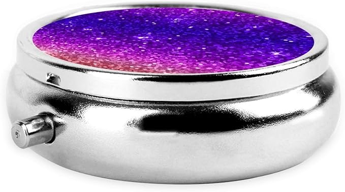 Beautiful Purple Glitter Sparkles Pattern Custom Round Silver Pill Box Pocket Medicine Tablet Holder Organizer Case for Purse