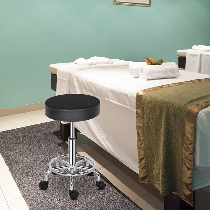Modern Rolling Round Stool Chair,PU Leather Swivel Adjustable Rolling Stools,Ergonomic Swivel Salon Spa Barstools,Office Drafting Chairs,with Wheels,for Home, Kitchen, Medical, Lab (Black)