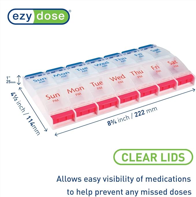 EZY DOSE Push Button (7-Day) Pill Case, Medicine Planner, Daily Vitamin Organizer, 2 Times a Day AM/PM, Large Compartments, Arthritis Friendly, Easy to Use, Clear Lids, Red/Blue, BPA Free (Pack of 2)