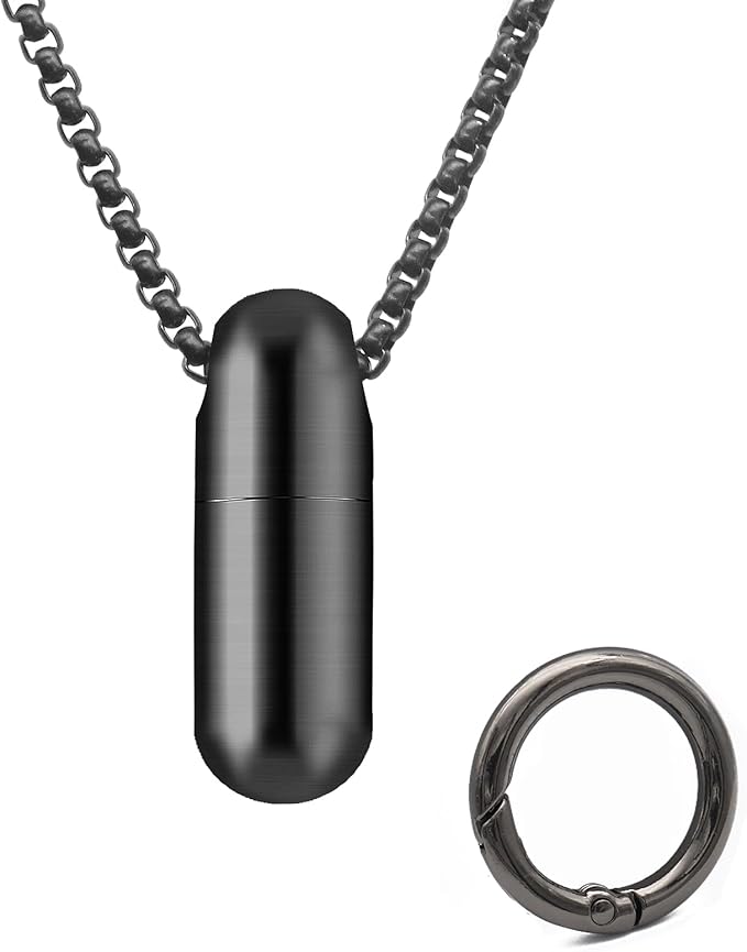 Small Pill Box Necklace Black Titanium Mini Pill Case with Necklace Chain Tiny Pill Case for Men Waterproof Pill Holder Emergency Aspirin & Nitro Pill Container Stocking Stuffers Christmas Gifts