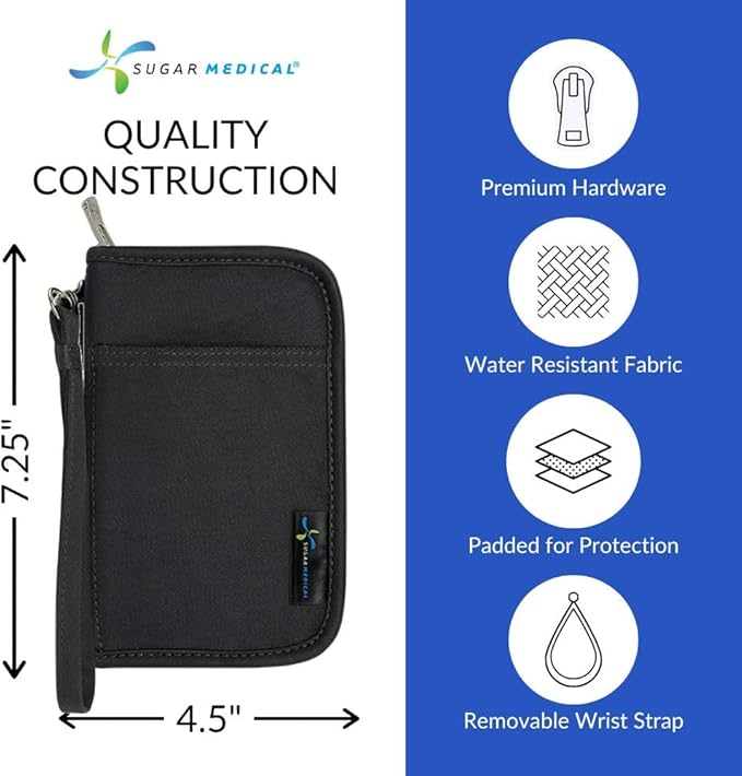 Sugar Medical Diabetes Supply Case | Medical Supplies Travel Bag | Glucose Meter Organizer | Diabetic Care Products | Glucometer Kit (Jet Black)