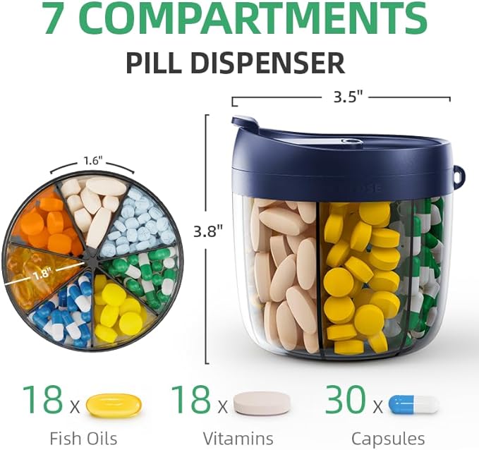 PULIV Portable Pill Dispenser Bottle, Vitamin Organizer with 7 Compartments, Holds Plenty of Supplements with Anti-Mixing & Wide Openings Design, Easy to Retrieve Meds, Includes 20 Labels Silver Gray