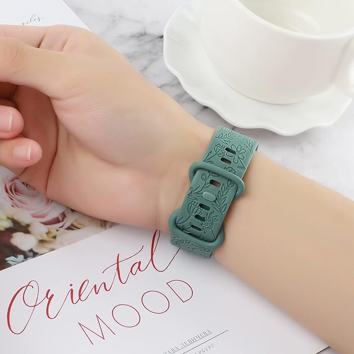 Flower Engraved Bands Compatible with Fitbit Charge 5 Band/Charge 6 Bands Women Cute Floral Engraving Soft Silicone Sport Strap Replacement Wristband for Fitbit Charge 5/6 Tracker Accessories