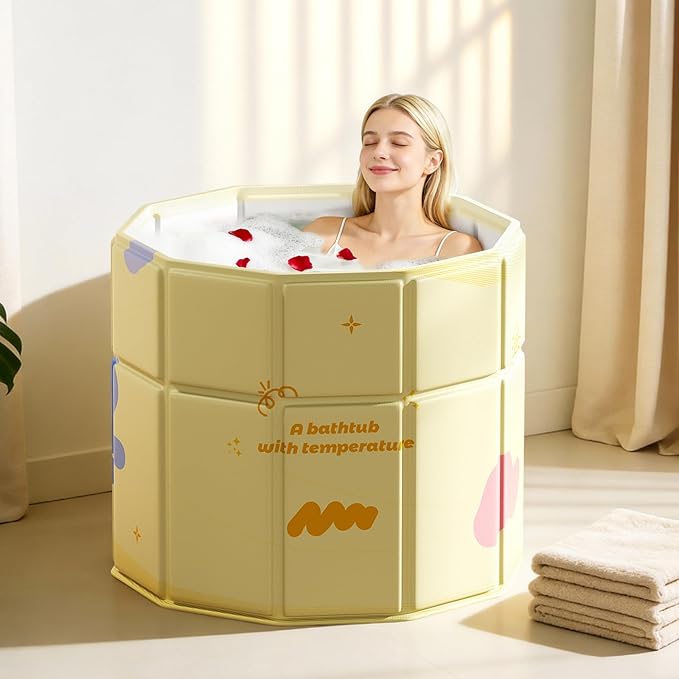 Portable Bathtub, Hot Ice Bath Tub Inflation-free, Shower Bathroom SPA Soaking Tub, Collapsible Bathtub No Installation for Home & Outdoor (Warm Yellow, 31.49"L x 31.49"W x 27.55"H)