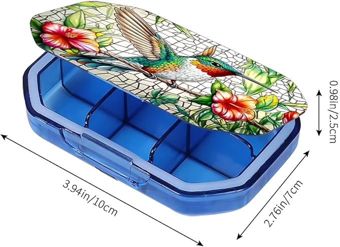 This Portable Flower Hummingbird Pattern 6 Compartment Pill Box Compartmentalized Pill Box Can Be Placed in A Pocket Or Wallet to Store Vitamins, Medicines Health Supplements Other Medications.