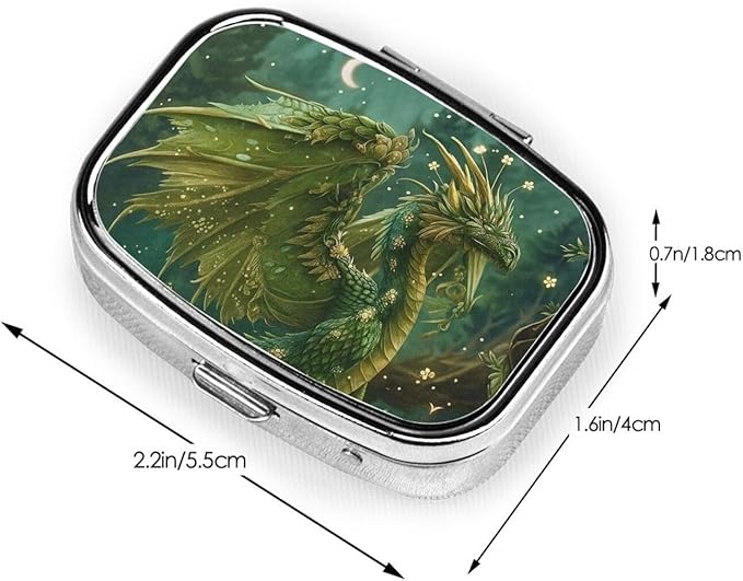 Fantasy Botanical Dragon Pill Box with Mirror 2 Compartments Square Pill Organizer for Pocket