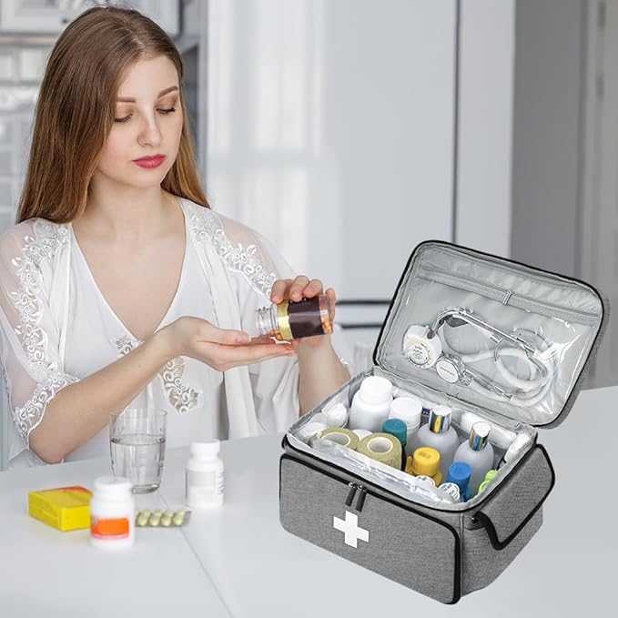 Medicine Bag, First Aid Kit, Medicine Storage Box, Medicine Bag for Traveling, Holds Pills, Vitamins and Medical Supplies, Medicine Bottle Organizer for Home Storage and Travel Use, Grey