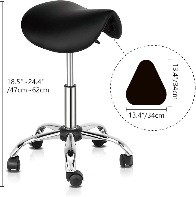 OmySalon Adjustable Saddle Stool with Footrest, Hydraulic Rolling Salon Chair, 360° Swivel Wheels Ergonomic Stool for Hair Stylists, Tattoo Artists, Office, Spa, Massage, Dental (Black)
