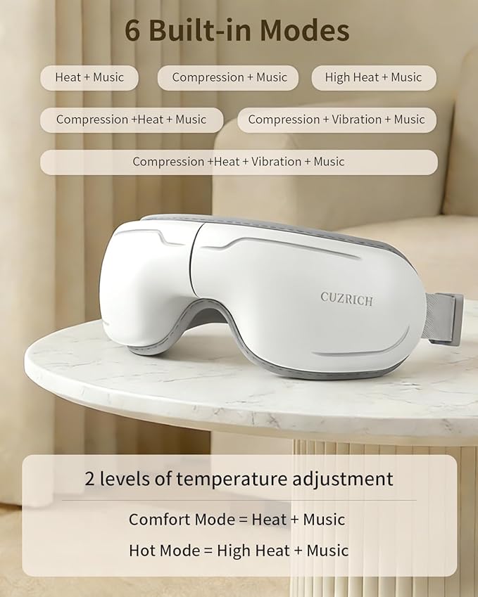 Eye Massager with Heat and Compression - Classic White Heated Eye Mask with Vibration, Bluetooth Music, 6 Modes, Rechargeable 1200mAh Battery for Eye Strain, Dry Eyes, Migraines Relief