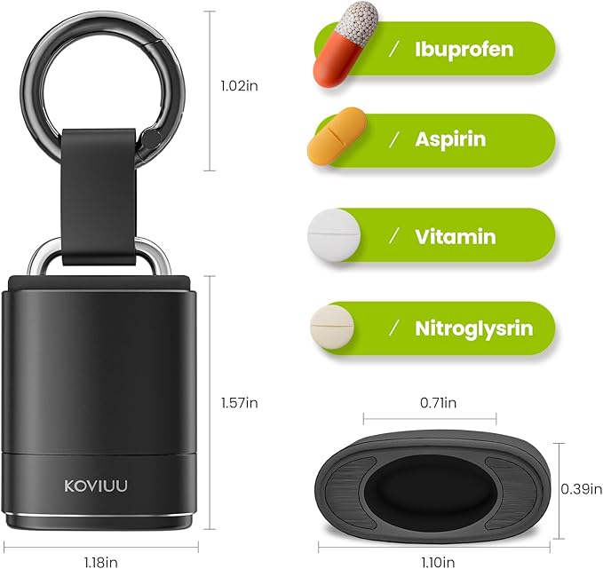 Keychain Pill Holder Necklace, KOVIUU Magnetic Pill Organizer, Aluminum Pill Case, Mini Metal Pill Box, Nitroglycerin Emergency Medicine Carrier Key Chain Container for Purse Pocket, Black