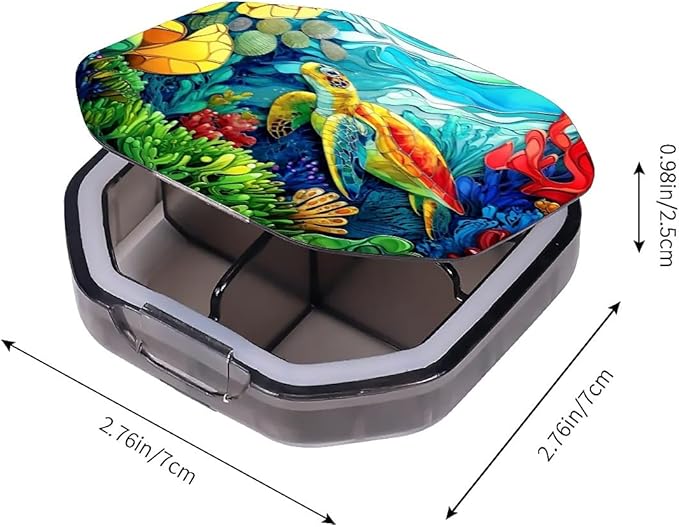 This Portable Colorful Coral Reef Sea Turtle Pattern 4 Compartment Pill Box Can Be Placed in A Pocket Or Wallet to Store Vitamins, Medicines Health Supplements Other Medications.