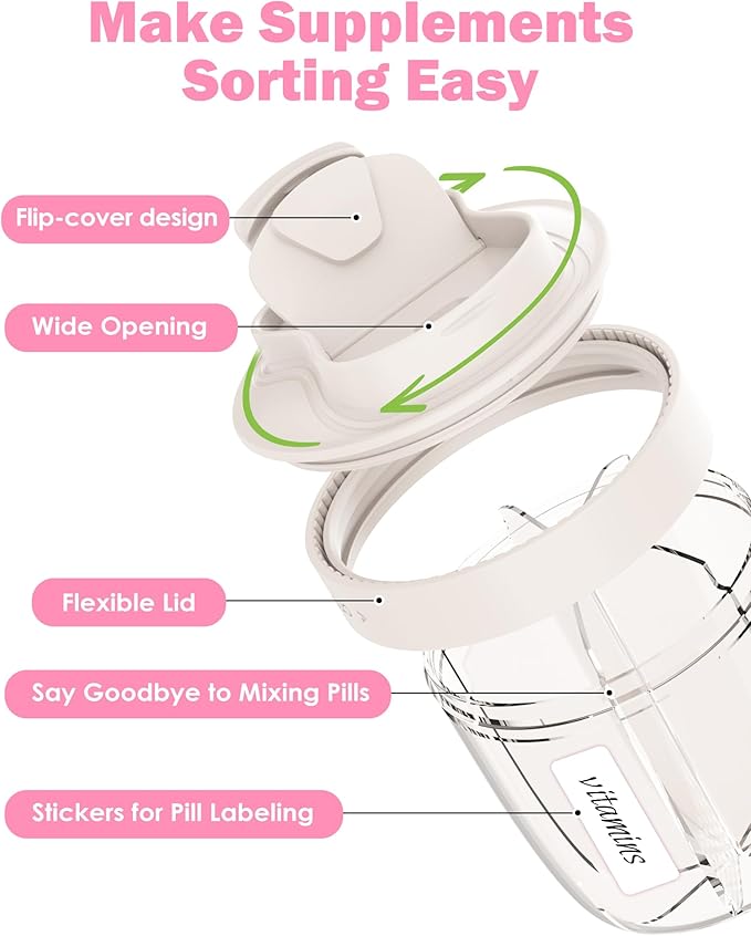 Cute Pill Organizer,Pill Dispenser with 7 Large Compartments,Portable Pill Bottle Box with Wide Opening for Easy Use, Anti-Mix Pills Organizer for Travel,Includes 20 Pcs Sticky Labels(White)
