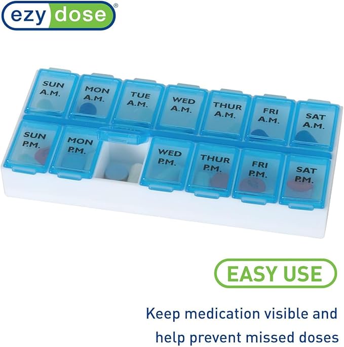 EZY DOSE Weekly (7-Day) AM/PM Daily Pill Case, Medicine Planner, Vitamin Organizer, Fish Oil Holder, Supplements Container, Medium Compartments, 2 Times a Day, Color May Vary, BPA Free