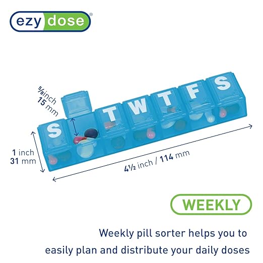 EZY DOSE Weekly (7-Day) Daily Pill Case, Medicine Planner, Vitamin Organizer, Supplement Container Box, Small Compartments, Travel Friendly and Convenient, Color May Vary (Randomly Selected), BPA Free
