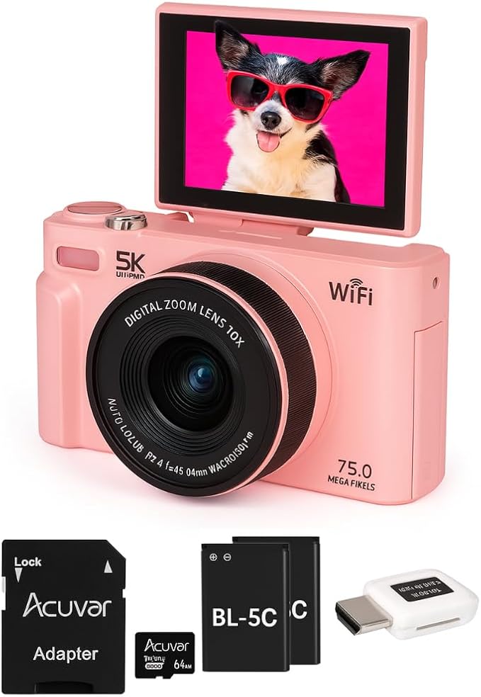 4K/5K Digital Camera – 75MP UHD Vlogging Camera for Photography & Video, WiFi, Autofocus, 3" Flip Screen, 18X Zoom – Compact Starter Kit (Pink)