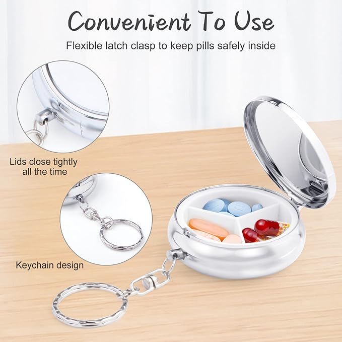 6 Pack Metal Pill Case Round Medicine Holder Container Keychain Mini Drug Tablet Organizer Box with 3 Compartments for Pocket Purse Travel Outdoor Daily