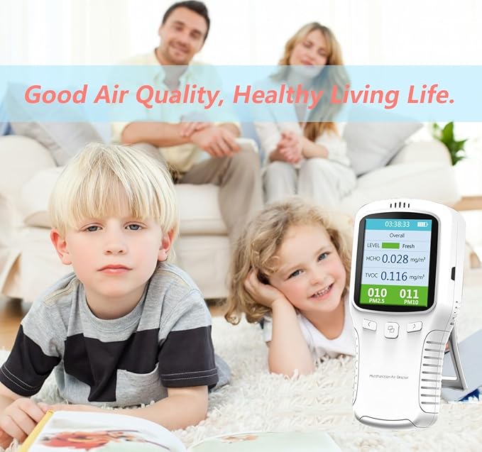 Air Quality Monitor Indoor, 8 in 1 Formaldehyde Detector, voc Meter, Detect Indoor HCHO,TVOC,AQI,PM2.5,PM10,PM1.0,Temperature and Humidity Tester. Colorful LCD Screen & USB Charging (White)