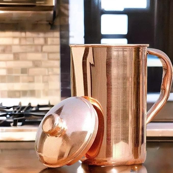 100% Pure Copper Pitcher 50.72 Oz / 1500 ml | Drinking Water Traditional Plain Pitcher With Lid | Copper Jug Handle Water Bottle | Ayurveda Health Benefits | Serving Water in Daily Use
